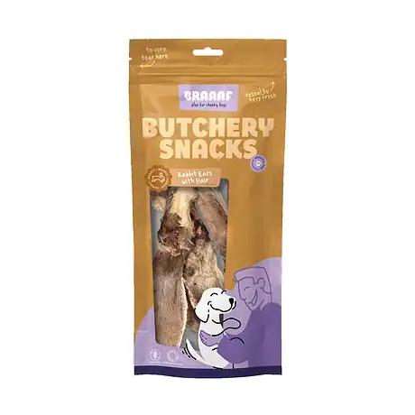 Braaaf Butchery Σνακ για σκύλους με αυτιά κουνελιού και τρίχωμα 80 γρ.