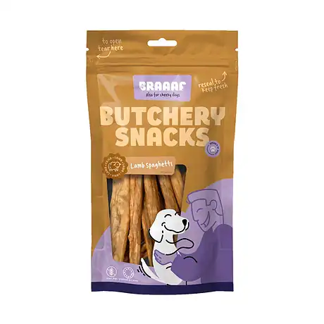 Braaaf Butchery Σνακ για σκύλους με σπαγγέτι και αρνί 85 γρ.